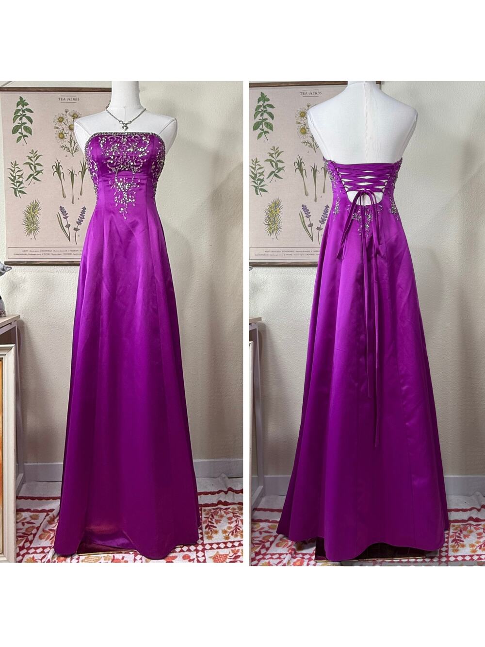 90s Y2k Satin Beaded Corset Lace Up Back Formal Dress Fairy Whimsy Princess XS S
